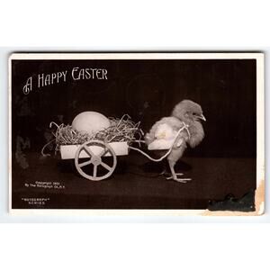 Vintage 1907 Easter Real Photo Postcard Chick Pulling Egg Cart